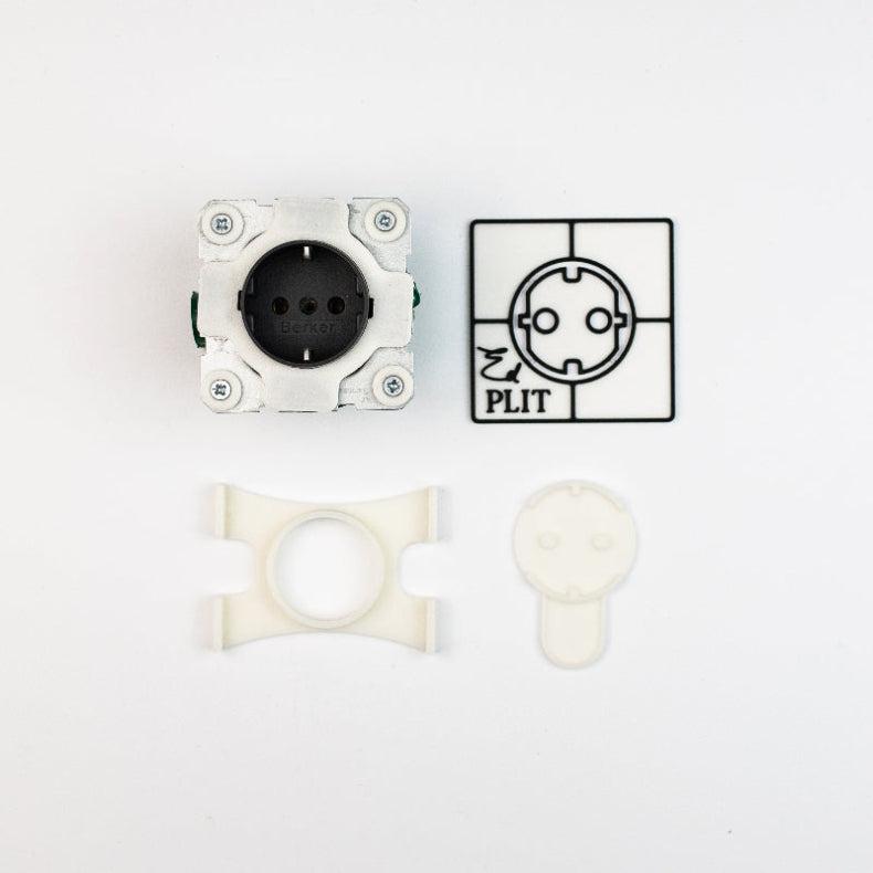 Flush-mounted socket outlet system by EDPLIT with installation hardware.