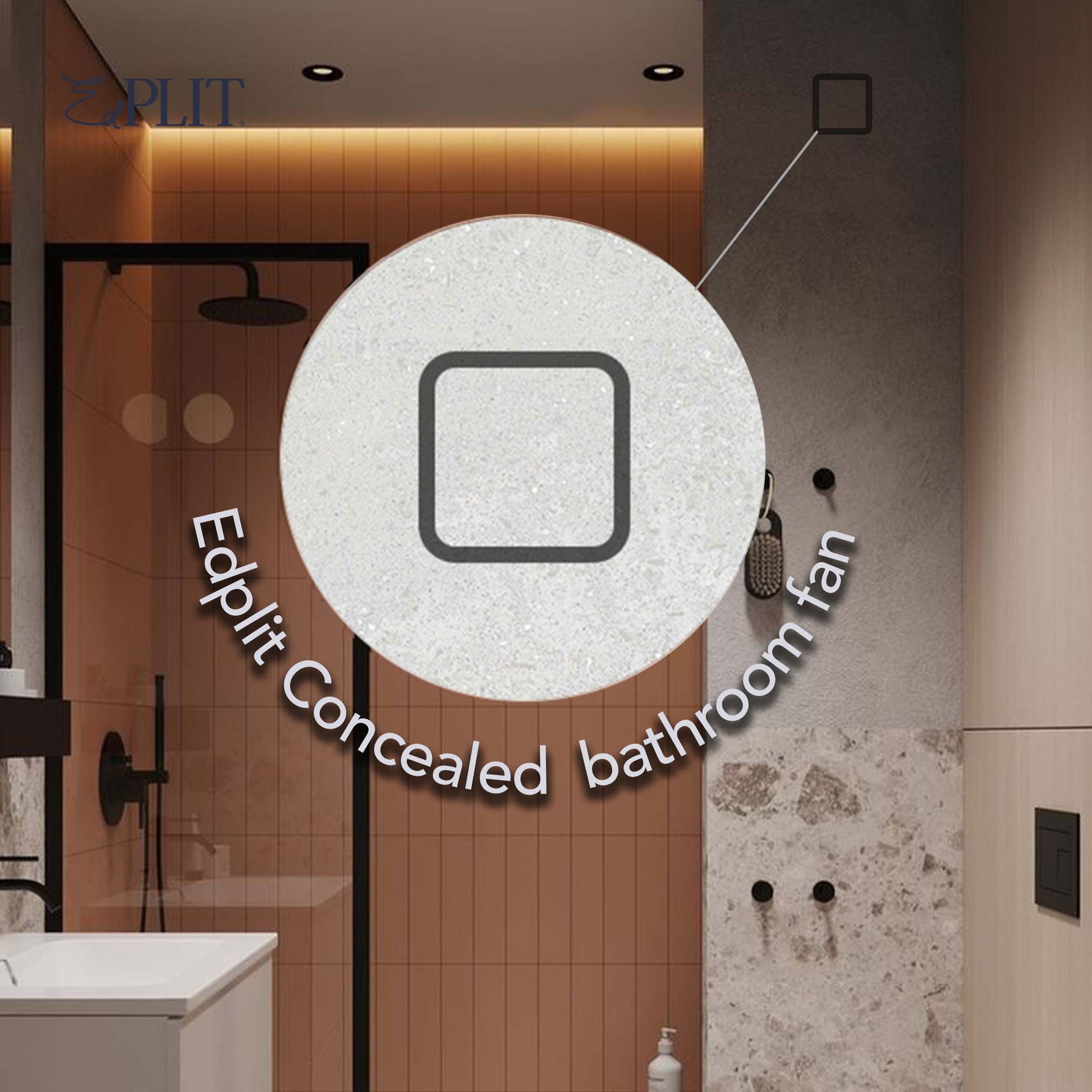 Minimalist vent aperture from Edplit hidden fan mounting system in tile finish.