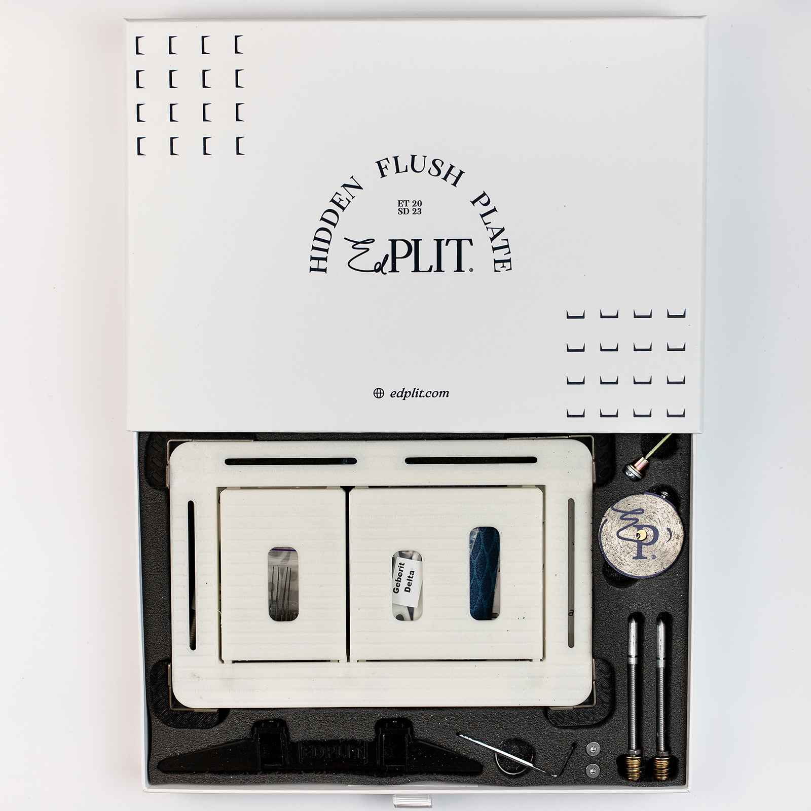 GROHE-compatible Edplit M3 CWG invisible flush button installation parts and mechanism.