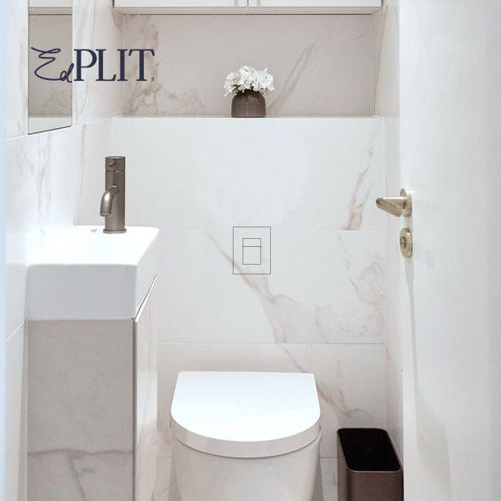 Minimalist tiled wall featuring GROHE-compatible Edplit M3 CWG concealed flush button system.