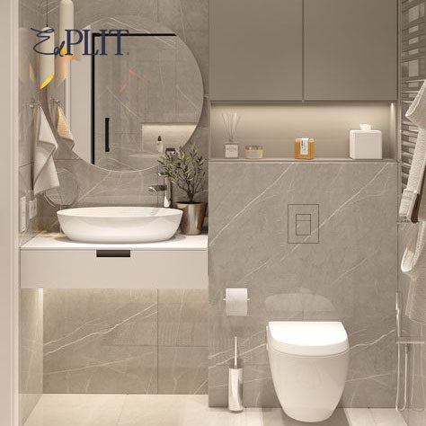 Modern bathroom with Edplit InvisiFlush M3 CWG hidden flush button seamlessly integrated, compatible with GROHE