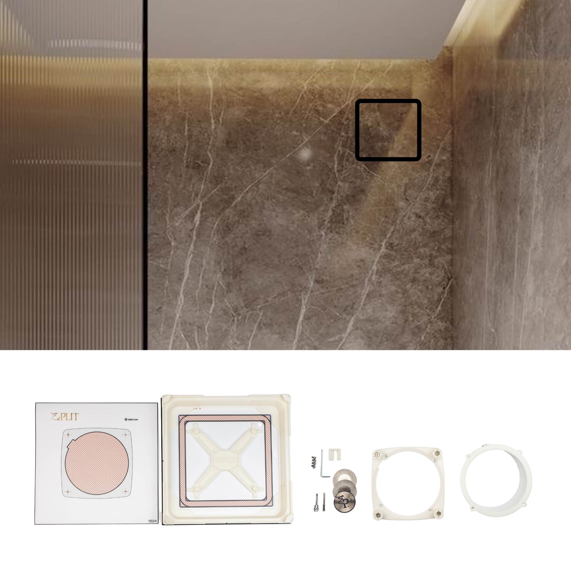 Close-up of Edplit concealed bathroom fan airflow opening integrated into tiled surface.