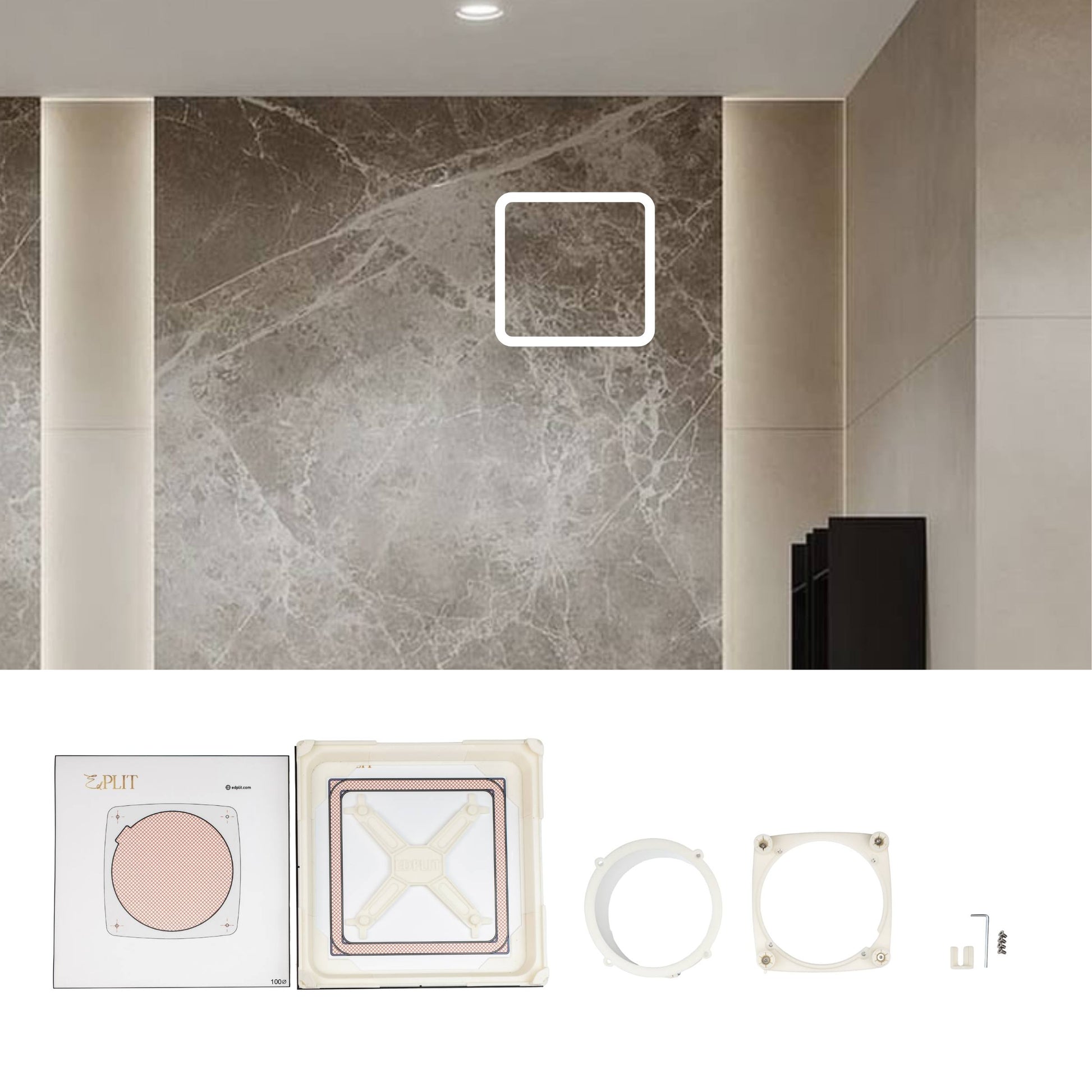 Mounted frame and hardware from Edplit’s hidden bathroom fan system, without consumables.