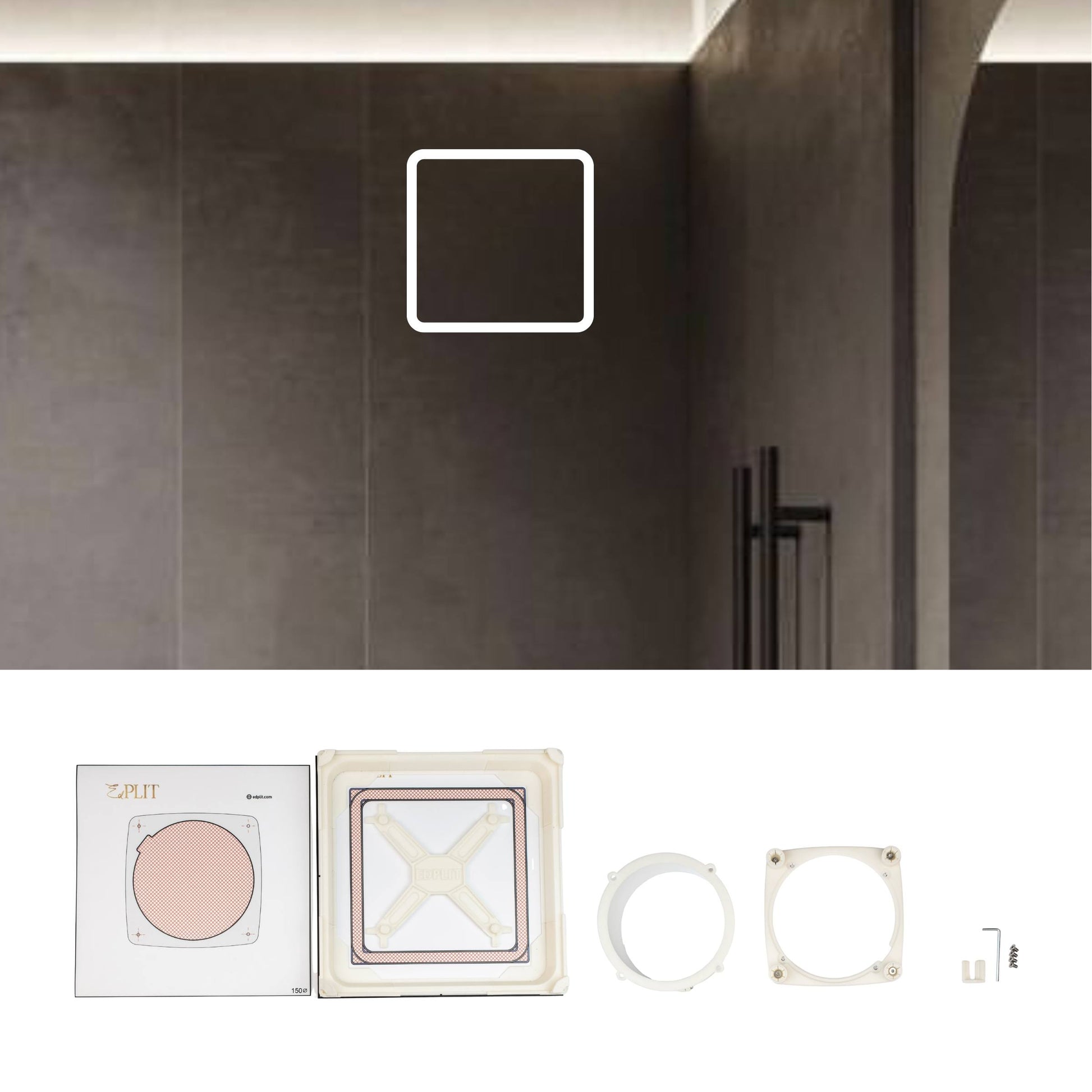 Edplit concealed bathroom fan mounting system flush-mounted behind tile, hidden ventilation solution.