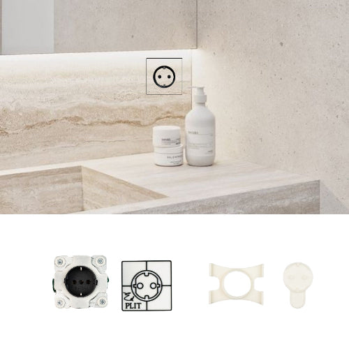 Minimalist bathroom setup with EDPLIT flush-mounted electrical outlets and push switches.