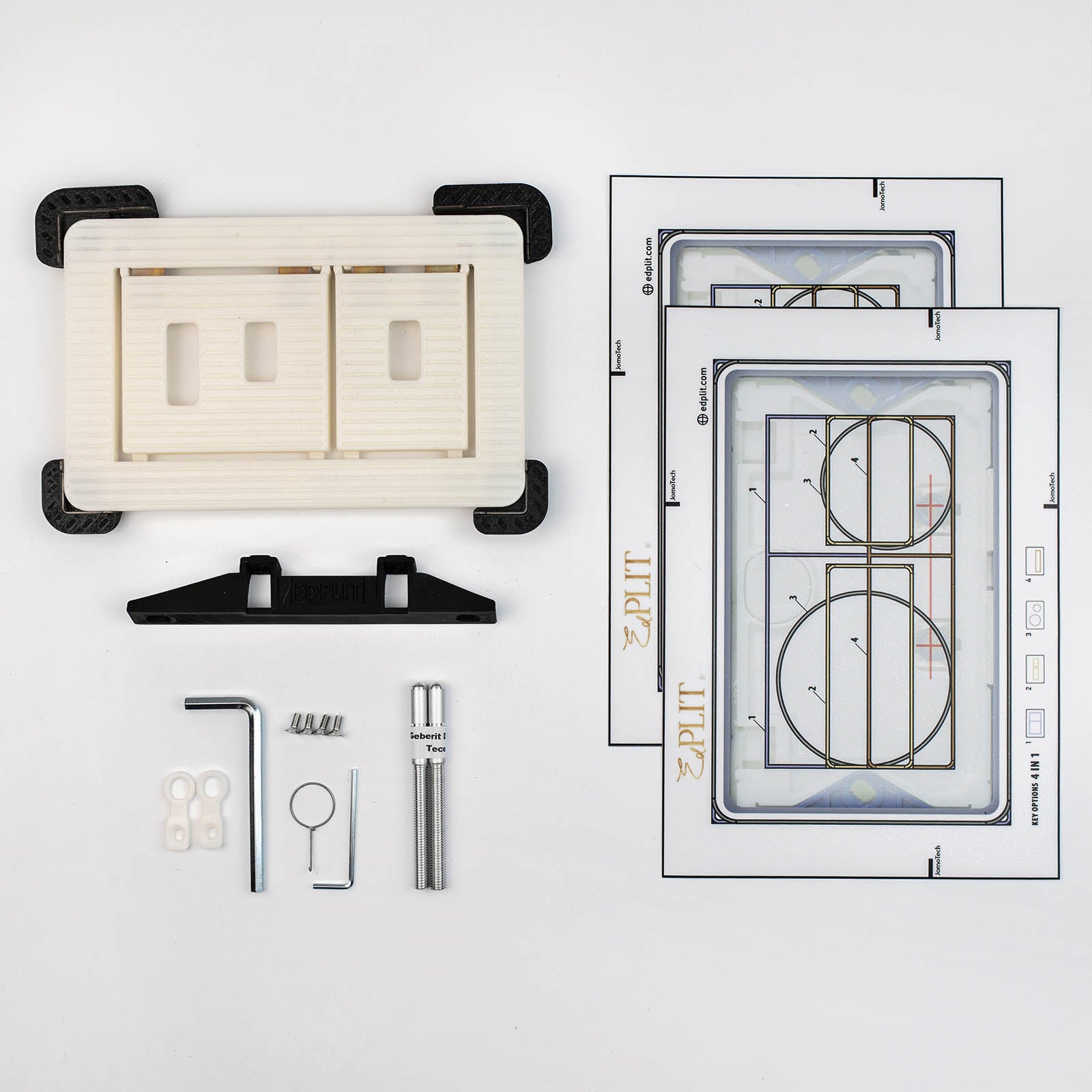 Hidden flush button installation kit components – flush mechanism, adjustment tool, and mounting parts.