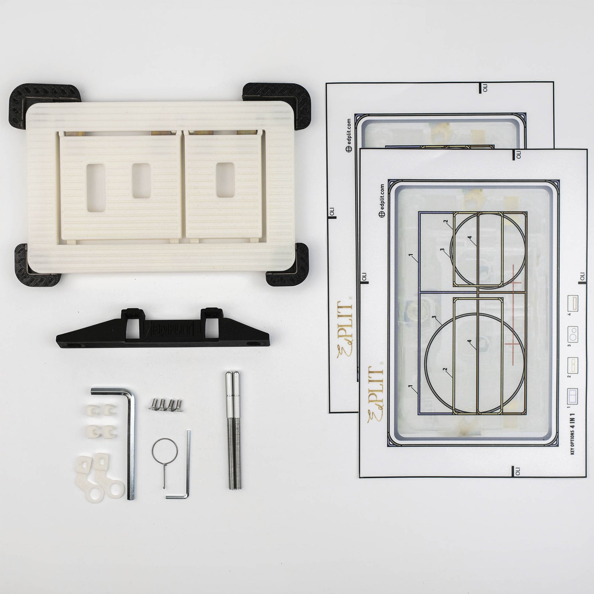 Edplit Invisi Tile Touch kit with mounting frame, adhesive template, and adjustment tools.