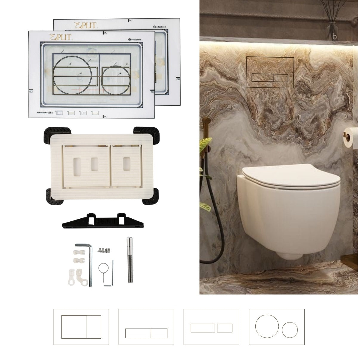 Installation guide sticker for hidden flush button, showing layout for tile cut-out.