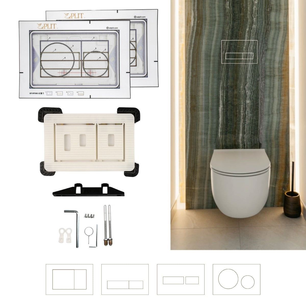 Template layout on tile for seamless hidden flush button installation behind tiles.