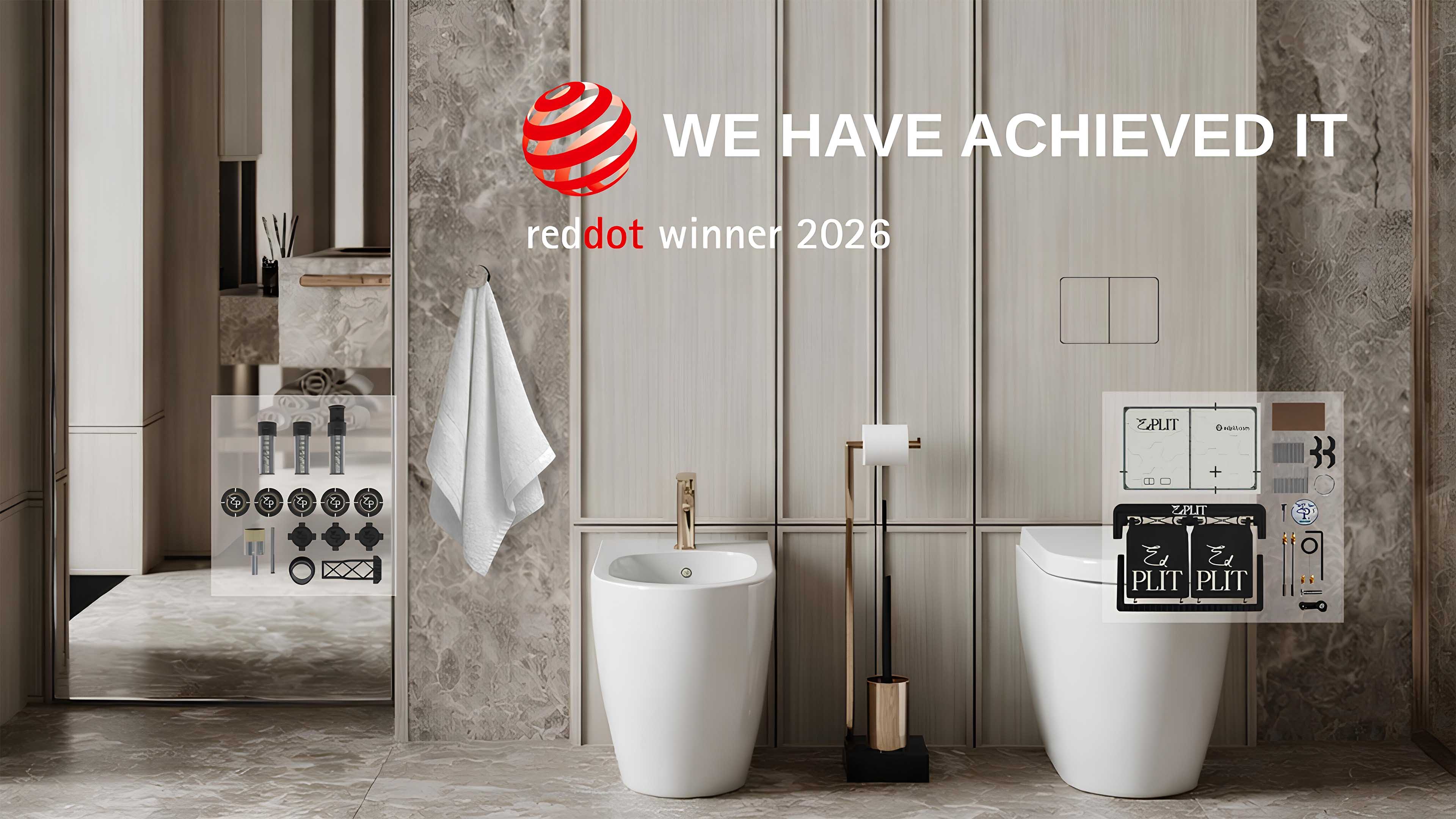 modern bathroom with tile-integrated EDPLIT flush plate and hidden towel holders awarded Red Dot 2026