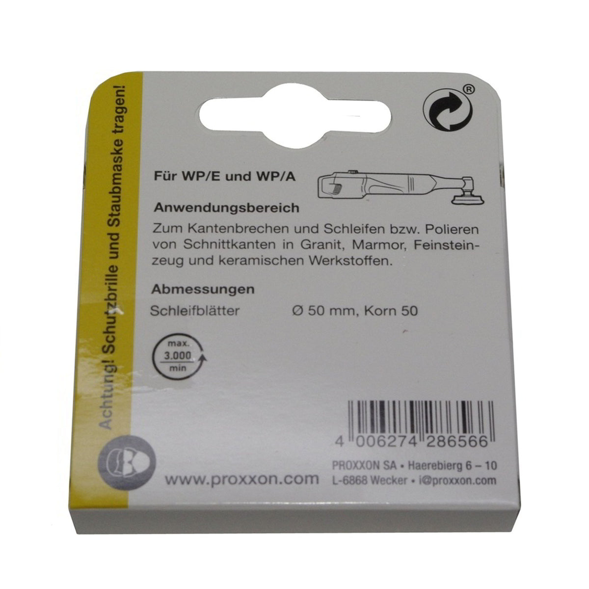 Back of PROXXON diamond sanding and polishing pad 50 mm packaging with product specifications