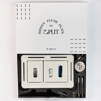 Invisible toilet flush button system, hidden behind tile, with universal installation set.