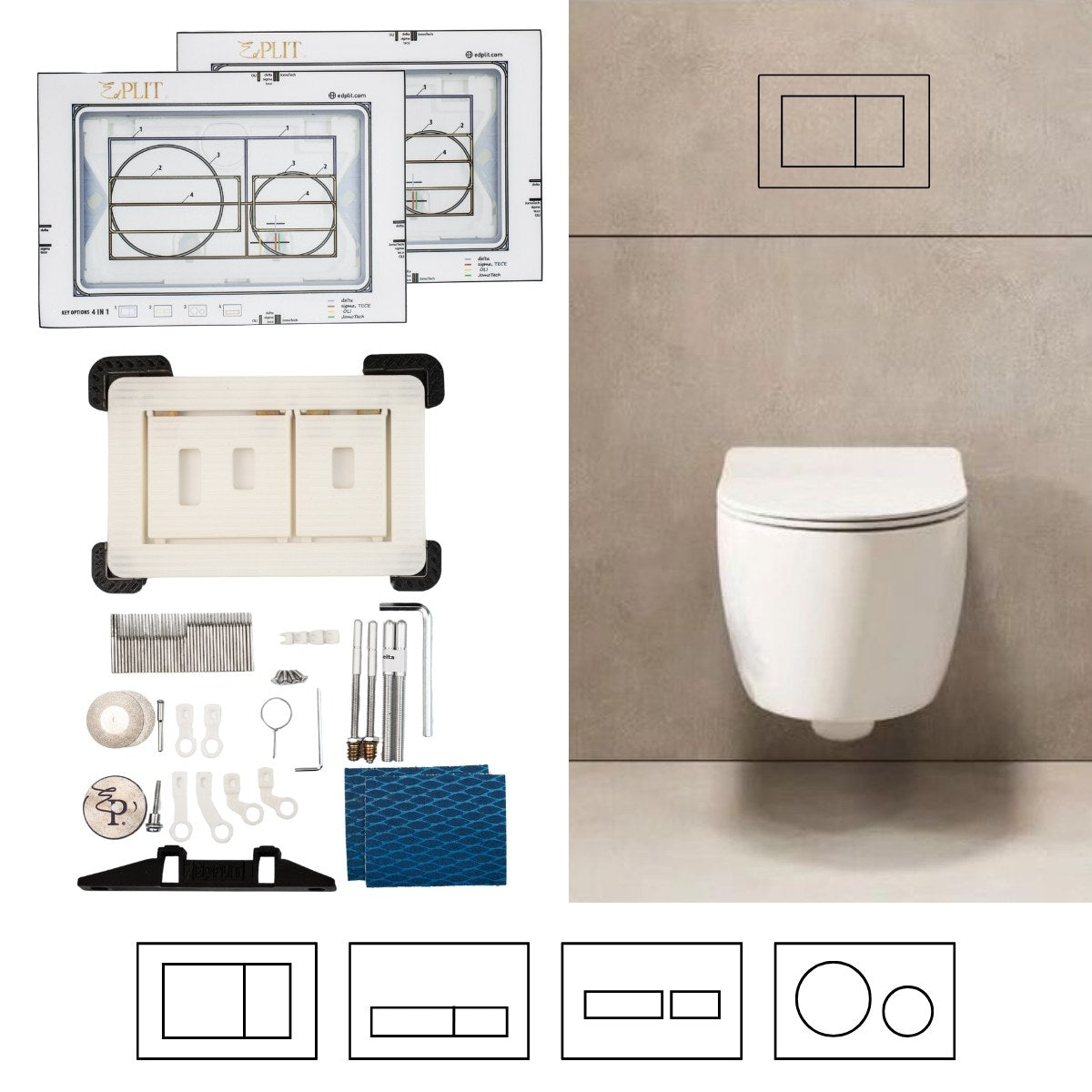 Hidden toilet flush button system with complete installation kit and mounting parts for concealed bathroom flush