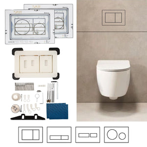 Hidden toilet flush button system with complete installation kit and mounting parts for concealed bathroom flush