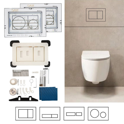 Hidden toilet flush button system with complete installation kit and mounting parts for concealed bathroom flush