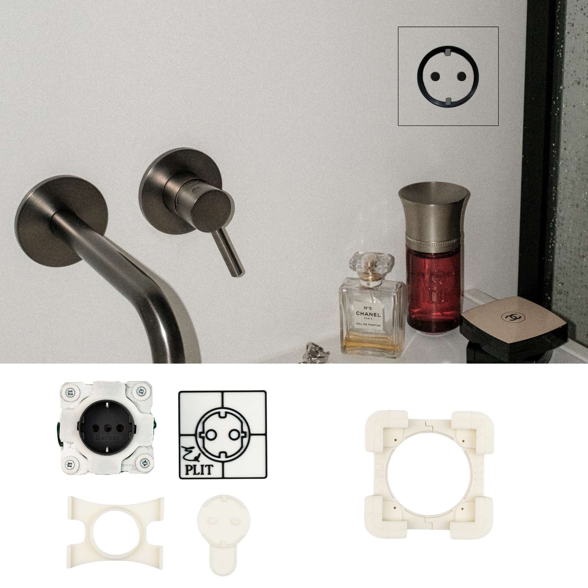 Tile-integrated invisible socket outlet EDPLIT single module with hidden installation. 