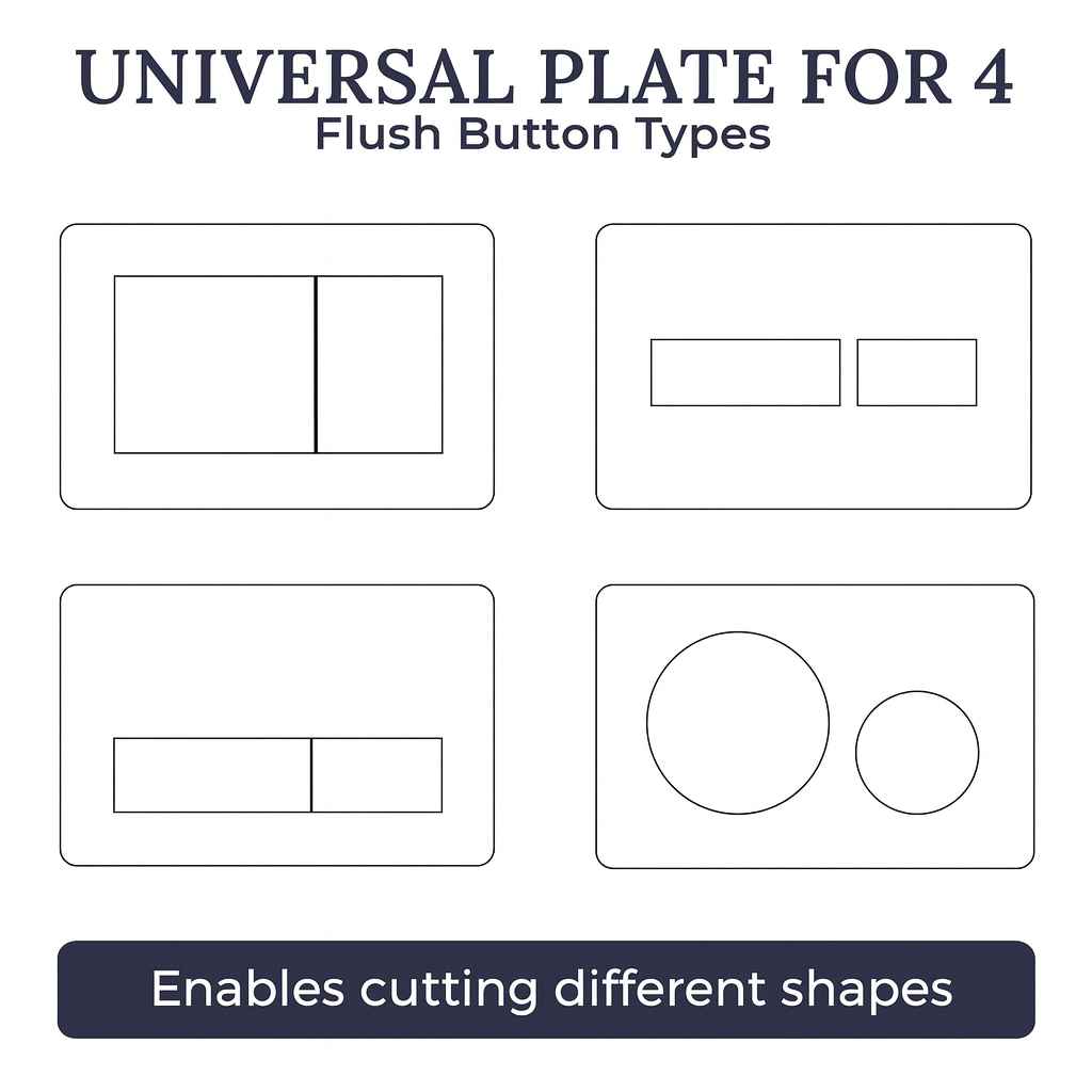 Invisible toilet flush button system, hidden behind tile, with universal installation set.
