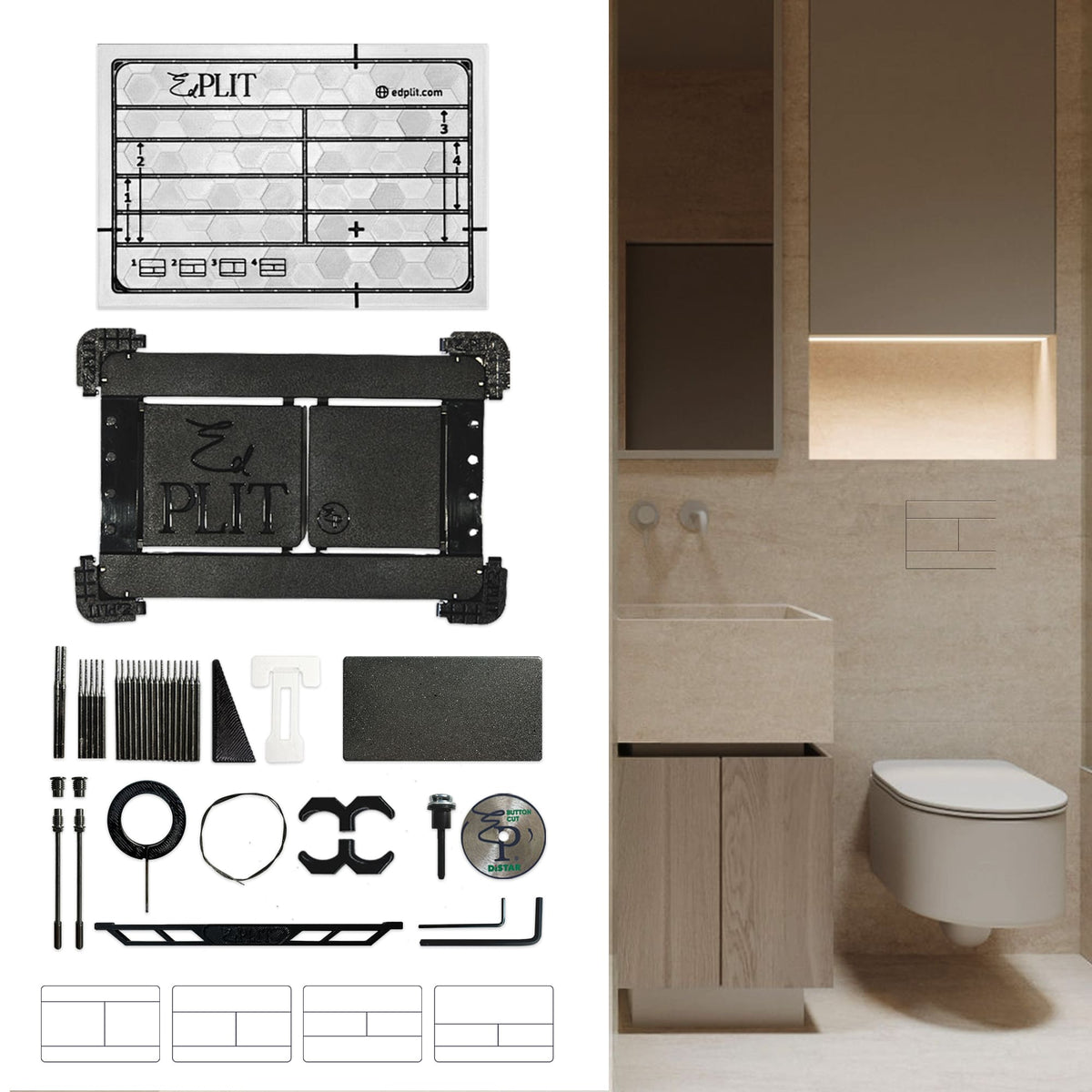 EDPLIT hidden flush plate M2 Pro kit with consumables and installed example