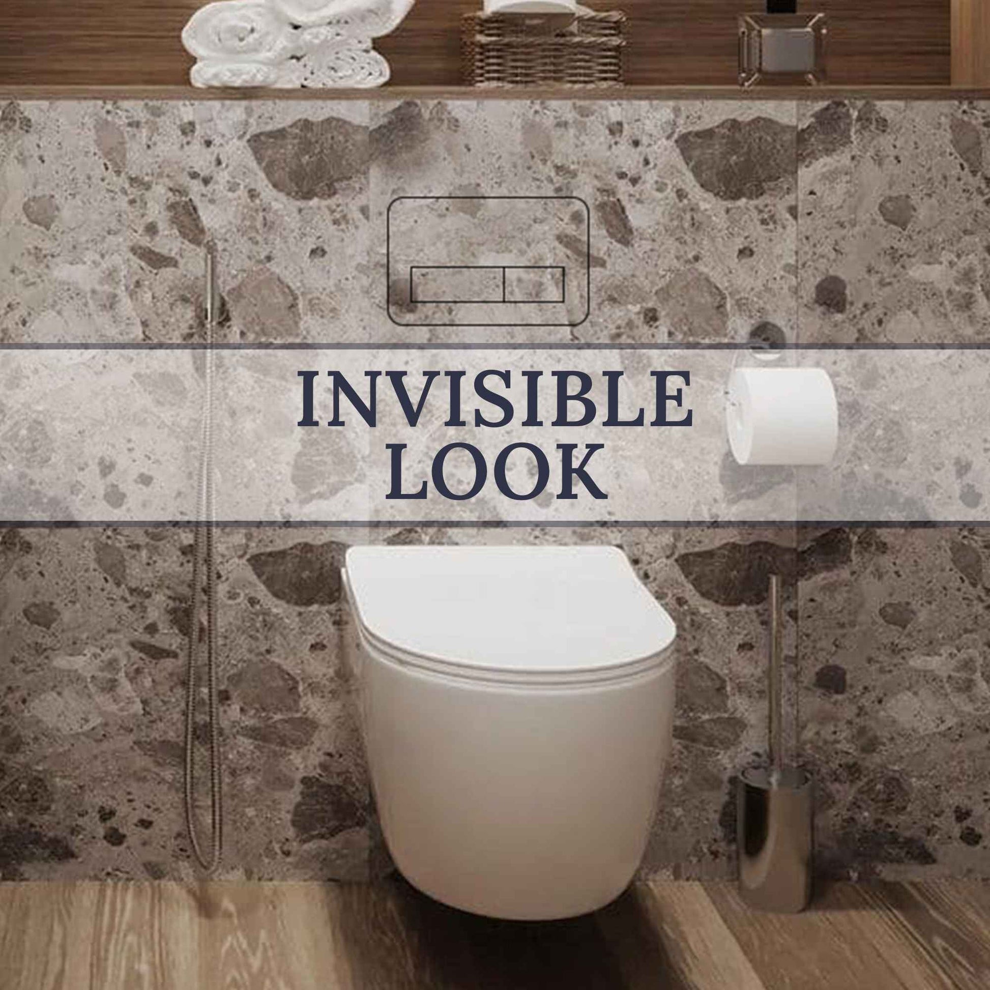 Minimalist bathroom with hidden toilet flush button seamlessly integrated into wall design.