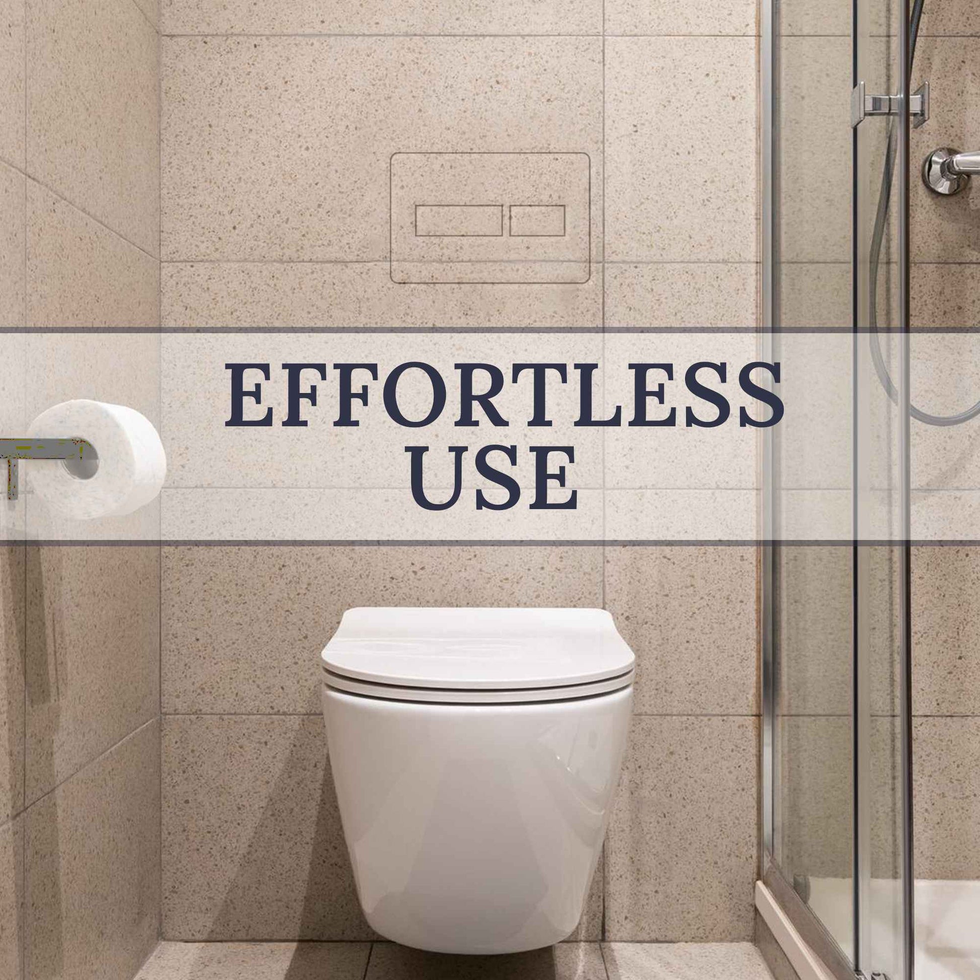 Elegant bathroom with invisible toilet flush system hidden behind tile wall.