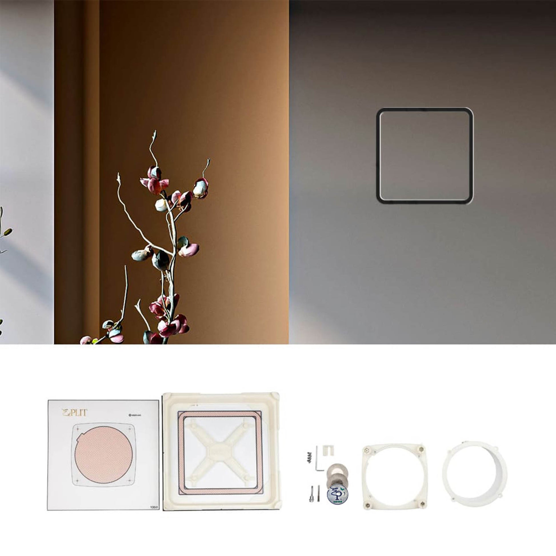 EDPLIT concealed bathroom fan mounting system with installation components for 100, 125 and 150 mm duct fans