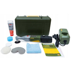 Proxxon cordless angle polisher WP/A kit with charger, case, polishing accessories and battery