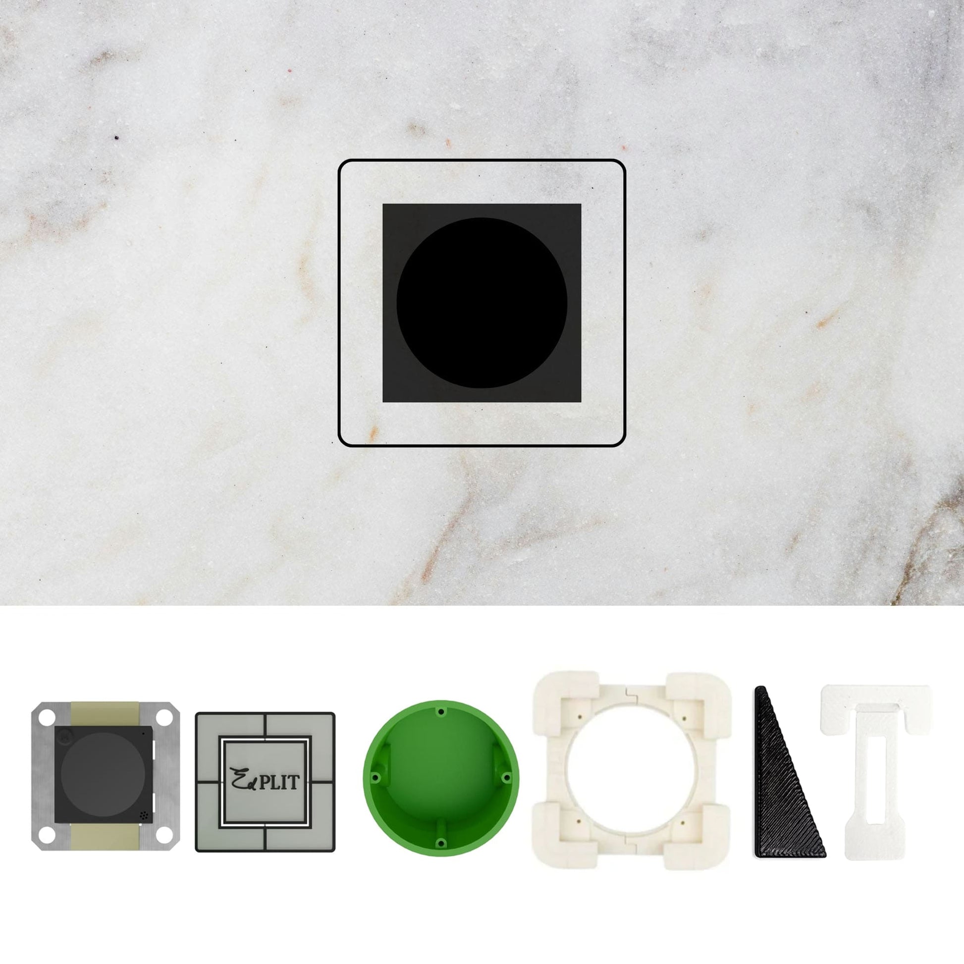 EDPLIT concealed thermostat installation layout with mounting components and tile template